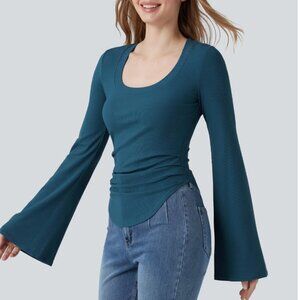 Halara Ribbed Knit Square Neck Flounce Sleeve Ruched Curved Hem Casual T-Shirt